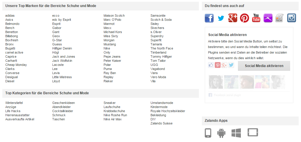 Screenshot Zalando Footerlinks