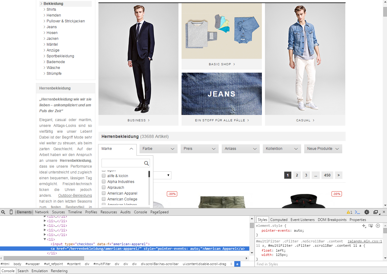 Screenshot Zalando Produktfilter